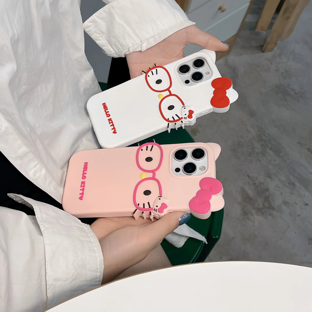 3D Stereoscopic Phone Case For iPhone 17 16 15 14 13 12 11 Pro Max Cute Cartoon Sanrio Hello Kitty Bow Cases Soft Silicone Cover