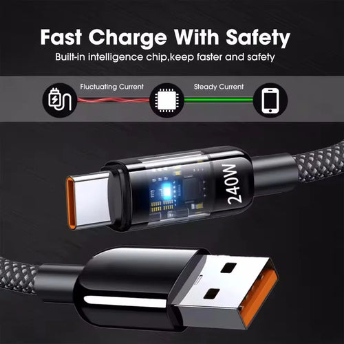 240W Nylon USB C PD Super Fast Charging Data Cable With LED Display USB To Type C Quick Charge Data Cords New