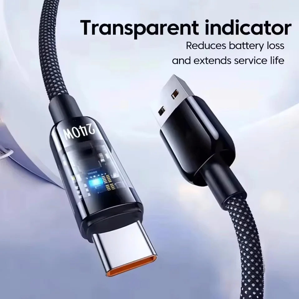 240W Nylon USB C PD Super Fast Charging Data Cable With LED Display USB To Type C Quick Charge Data Cords New