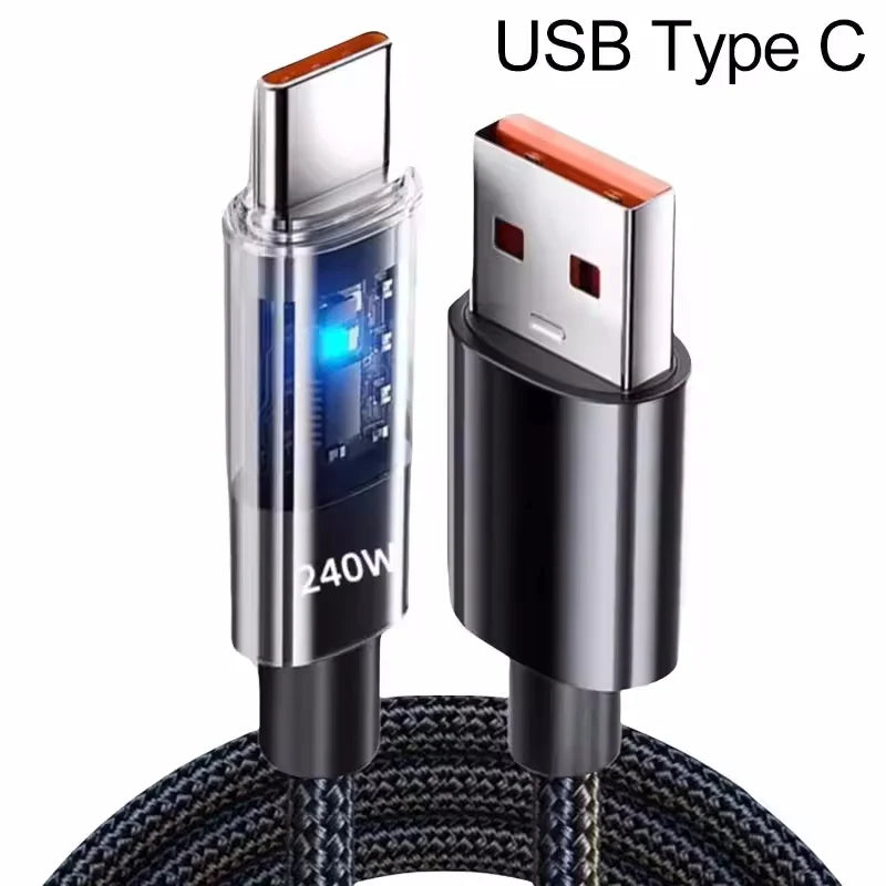 240W Nylon USB C PD Super Fast Charging Data Cable With LED Display USB To Type C Quick Charge Data Cords New