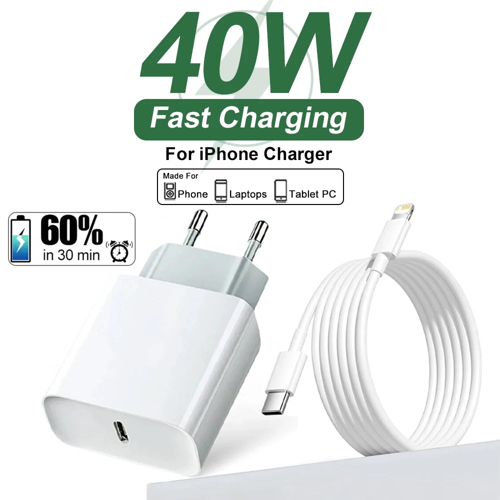 For iPhone ApexVolt 40W Dual PD Fast Charger – Ultra-Speed Type-C Wall Adapter