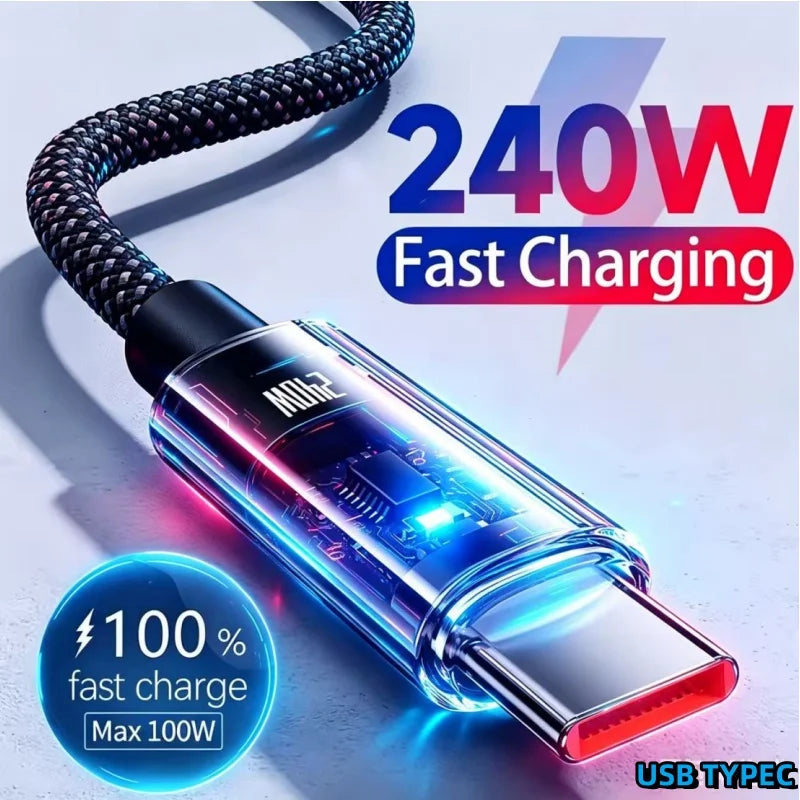 240W Nylon USB C PD Super Fast Charging Data Cable With LED Display USB To Type C Quick Charge Data Cords New